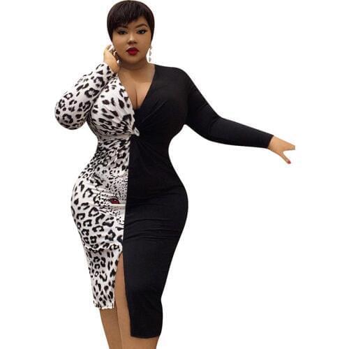 Leopard Tiger Print Patchwork Party Club Dresses Women 2019 Autumn Winter Sexy Split Draped Night Bodycon Midi Dress Plus Size