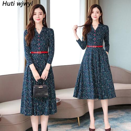 2020 Femal Vintage Plus Size Green Print Long Sleeve Dresses Autumn Winter Chic Midi Dress Elegant Women Bodycon Party Vestidos
