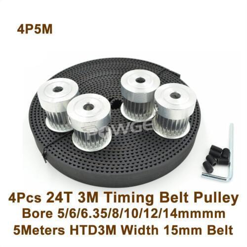 POWGE 4pcs 24 Teeth 3M Timing Pulley Bore 5/6/6.35/8/10/12/14mm + 5meters HTD3M Belt W=15mm 24T 24Teh 3M Timing Belt Pulley Sets
