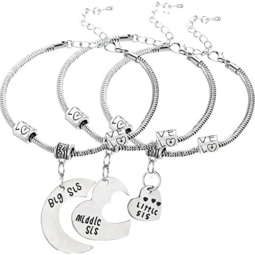 3Pcs Set Big/Middle/Little Sis Retro Carved Splicing Heart Bangle Bracelet Family Member Fashion Jewelry Gifts BL0261