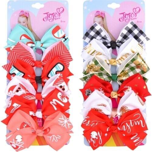 6Pieces/Set Christmas JoJo Bows Jojo Siwa Rainbow Printed Knot Ribbon Bow For Girls Handmade Boutique Hair Clip Hair Accessories