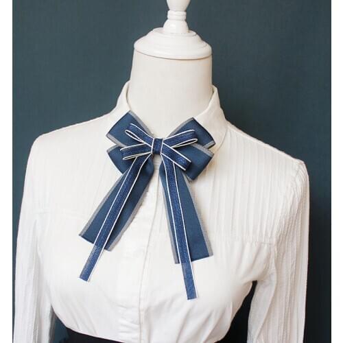Ribbon Bow Tie Brooches for Women Female Crystal Pearl Collar Pin Shirts Suits Necktie Fabric Bowtie Clothing Accessories