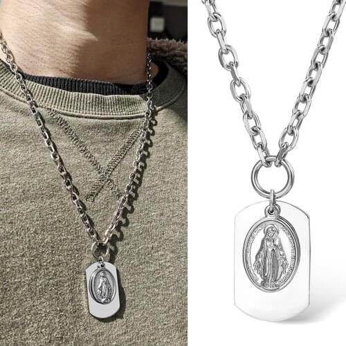 Dog Tag ID Necklace for Men Women 6mm Stainless Steel Rolo Cable Chain Virgin Mary Pendants Jewelry Gift LDN242