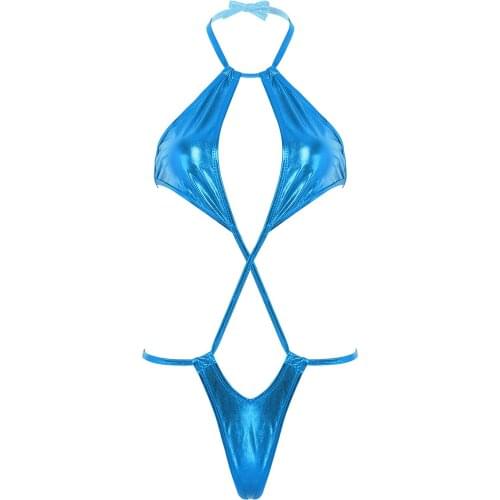 Women Shiny Metallic Hot Sexy Lingerie Halter Backless Bikini G-string Teddy Bodysuit Romper Swimsuit Body Beach Wear Nightwear