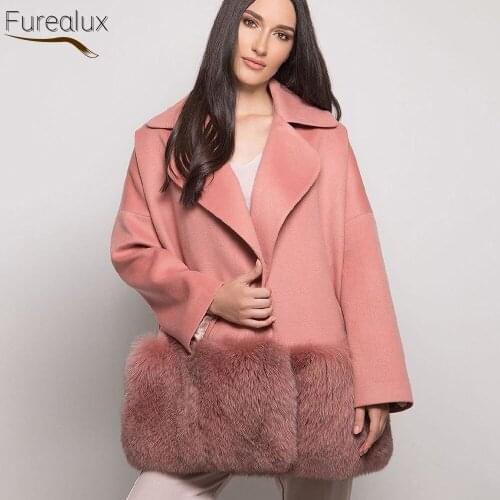 FUREALUX Autumn Winter Real Woolen Fur Coat With Natural Fox Skirt Fashionable Casual Short Womens Jacket New Arrival In 2021