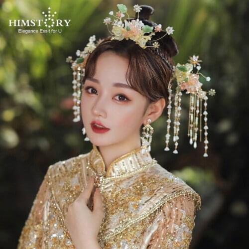 HIMSTORY Retro Chinese Flower Step Shake Crystal Hairpins Clips Hair Combs Ear Clips Elegance Wedding Jewelry Sets