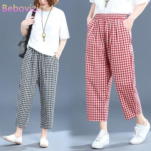 Cotton and Linen Red Black White Plaid Summer Autumn Thin Fashion Pocket Loose Pants Elastic Band Pants for Women