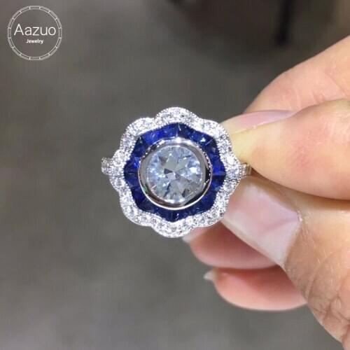 Aazuo Original Real 14K White Gold Natural White Aquamarin Blue Saphire Real Diamonds Crassic Flower Ring gifted for Women Au750