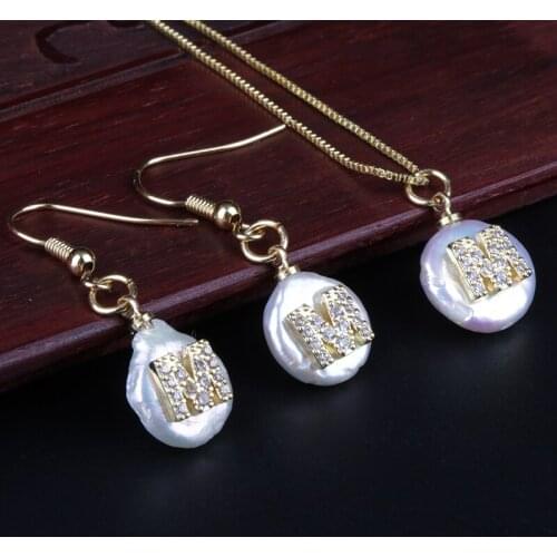 Initial 26 alphabet letter name charm white CZ crystal freshwater pearl gold pendant choker necklace drop earring jewelry set