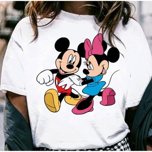 Disney Summer Tops Mickey Mouse Women T-shirt Femme Kawaii Minnie Mouse Graphic Tees Unisex Funny Couple T-shirt Female