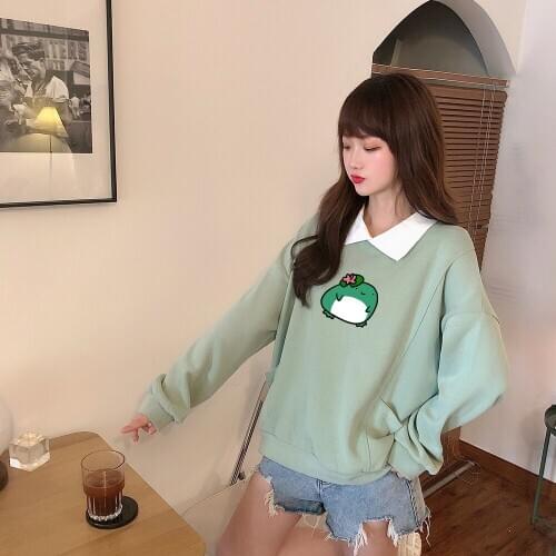Harajuku Cute Frog Hoodie Printed Pullover Sweatshirt Hiphop Plus Size Cotton Hoodies Aesthetic Sweet Turn-down Collar Clothing