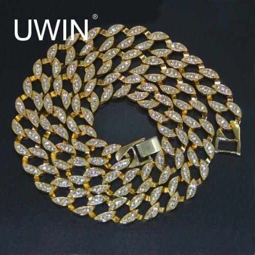 UWIN Rapper Hip Hop Mens Necklace Bling Iced out 30" CZ Rhinestone 15mm Miami Cuban Link Chain Necklace Fashion Jewelry