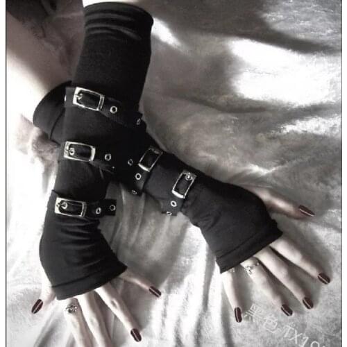 Steampunk Unisex Buckled Up Bondage Arm Warmers With Metal Buckle Straps Womens Black Gothic Style Fingerless Gloves