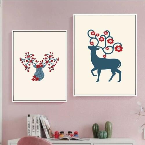 Pink Flowers on Black and White Antlers Prints Posters Plants Elk Canvas Painting Wall Art Pictures for Dining Room Home Decor