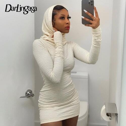 Darlingaga Fashion Elegant White Hooded Bodycon Dress Women Solid Long Sleeve Skinny Club Party Autumn Dress Sexy Mini Clothing