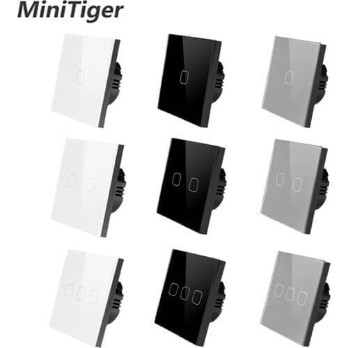MiniTiger EU/UK standard 1 Gang 1 Way Touch Switch White Crystal Glass Panel Touch Switch Light Wall Only Touch Function Switch