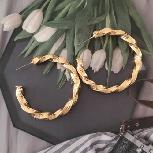 Trendy Gold Color Plating Twist Spiral Medium Size Hoop Earrings For Women Girl Chic Bohemia Elegant Gorgeous Jewelry Accessory