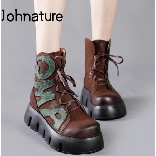 Johnature 2021 New Winter Shoes Women Boots Genuine Leather Graffiti Round Toe Lace-Up Handmade Leisure Sewing Platform Boots