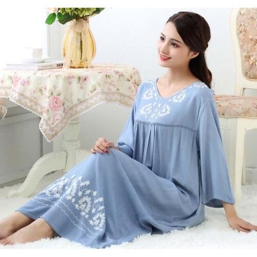 Womens Nightgowns V-Neck Embroider Sleepshirts Washed Cotton Casual Loose Nightwear Night Dress Pregnant Women Nightgown
