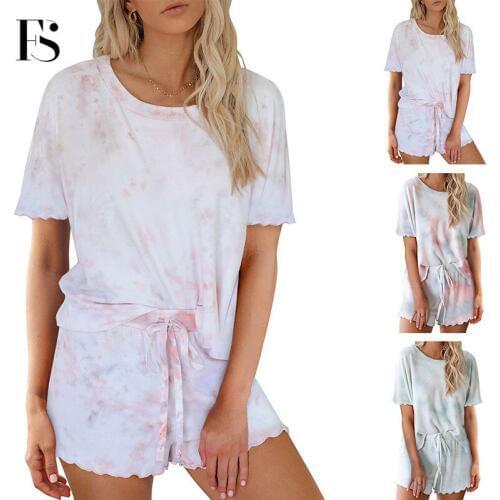 Two Pieces Women Pajamas Sets Tie-dye Cotton Tracksuit Short Sleeve + Short Pants Sleepwear Loose Lacing Round Neck Night Sets
