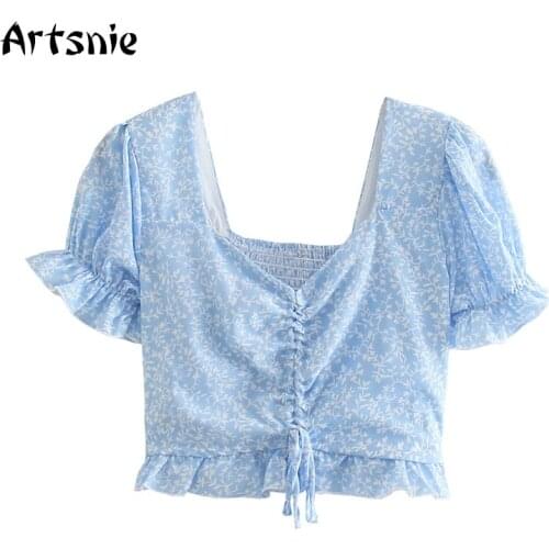Artsnie Summer 2021 Floral Print Blouse Women Square Collar Puff Sleeve Crop Tops Vintage Casual Bandage Cropped Blue Blouses