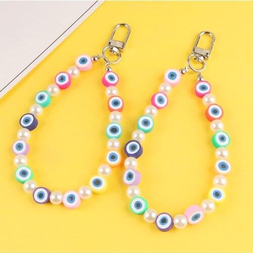 Imitation Pearl Bracelet Keychain Cartoon Silicone Eyes Key Ring Accessories Car Bag Bead Keyring Decoration for Women Couple