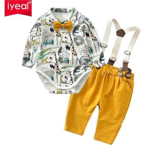 IYEAL Baby Boy Gentleman Clothes Set Autumn Suit For Toddler Kid Formal Party Bow Bodysuit Set 0-24 M Infant Boy Clothing 2PCS