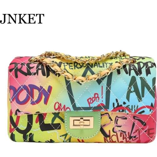 JNKET New Womens Graffiti Chain Shoulder Bag Waist Bag Ladies Sling Bag Casual Waist Pack