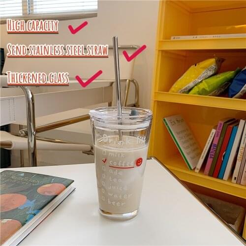 Korean Style Simple White Letter Coffee Glass Milk Cup Portable Large-capacity Water Bottle with Lid and Straw