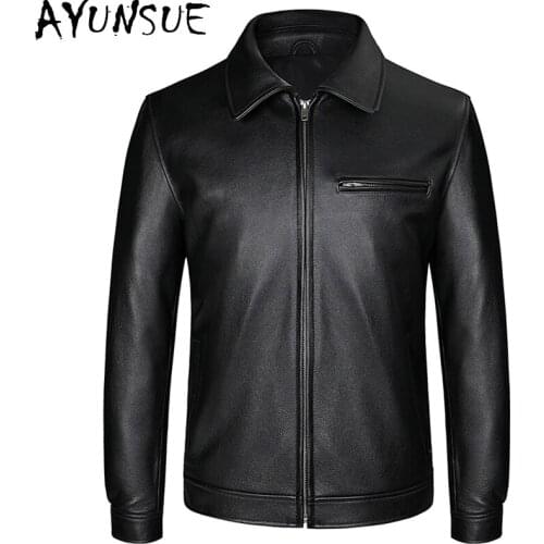 AYUNSUE Genuine Cow Leather Jacket Men Clothes Spring Autumn Cowhide Plus Size Leather Coat Man Chaqueta Cuero Hombre KJ5375