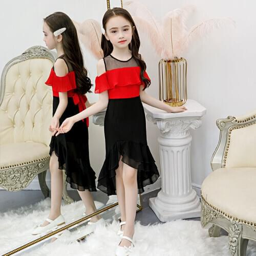 Girls Dresses Off Shoulder Teenage Summer Chiffon Elegant Dress for Girls 4 10 12 14 Years Kids Princess Party Clothing
