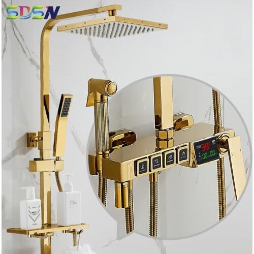 Bathroom Shower Set Newly Gold Digital Shower System Rainfall Bath Shower Head Four Function Gold Thermostatic Shower Mixer Set