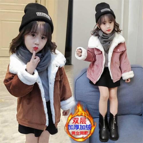 2018 new winter Girls Kids Plus velvet cashmere Warm thicker imitation fur collar coat Down jacket outer clothing