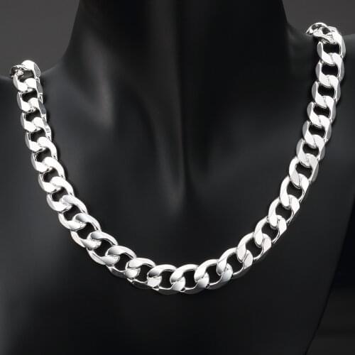 Mens 1:1 Curb Chain Necklace Silver Color Hip Hop Style Cuban Link Chain Necklace 12MM Width, 24" Length
