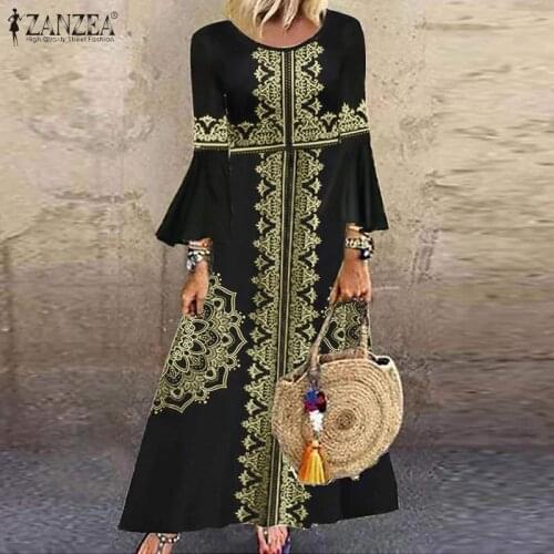 ZANZEA Spring 3/4 Flare Sleeve Ethnic Dress Women Casual Vintage Floral Printed Kaftan O Neck Long Sundress Maxi Robe