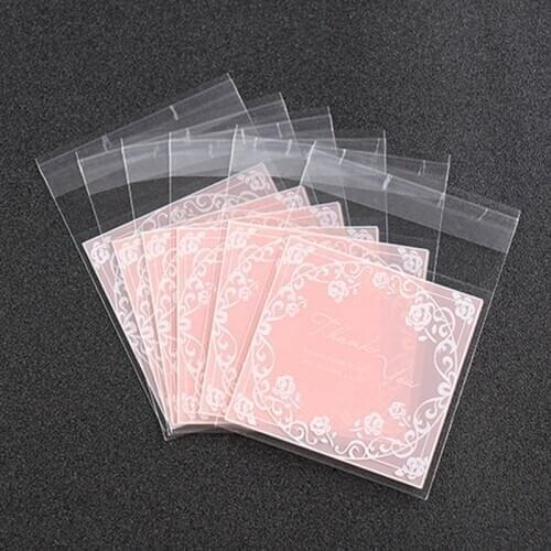 100Pcs Self-adhesive Cookie Candy Packaging Gift Package Wedding Party Supplies Plastic Pink Rose Flower Food Grade Baking Bag