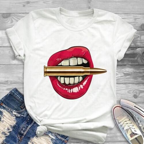 Sexy lips biting a bullet Printed T shirts Women Fashion O-Neck Short Sleeve clothing Tshirt Harajuku Leisure White T-shirt Tops