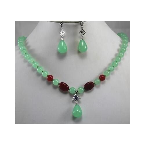 Styles! Wholesale 8mm light green/red jade wonderful necklace+ 2 stylesNatural jade earring&pendant necklace jewelry set