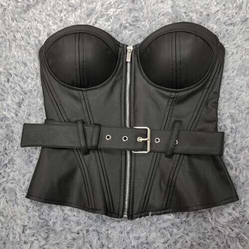 Celebrity New Arrival Black Belt Strapless Crop Top Sexy PU Leather Bra Party Wear Vintage Vestios