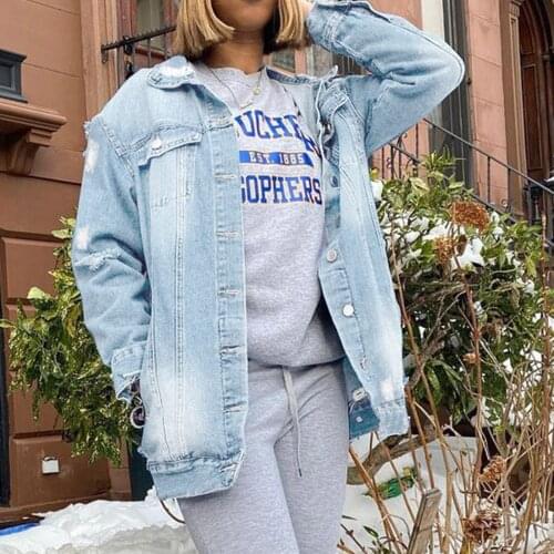 Vintage Women Jacket 2021 Autumn Winter Oversize Denim Jackets Washed Blue Jean Coat Turn-down Collar Outwear Bomber Jacket #t3g