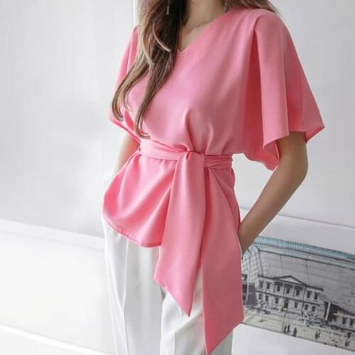 Summer Short Sleeve Lace Up Womens T-shirts Casual V-neck Pink Loose T-shirt Women 2021 New Fashion Y2K Kawaii Ladies Tees Tops