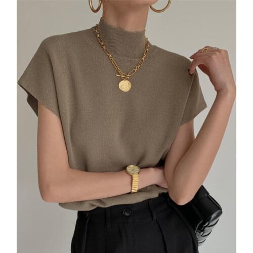 French Style Half Turtleneck Waistcoat Knitted Vest Womens Spring/Summer Niche Design T-shirt Loose Cropped Short-Sleeved Top