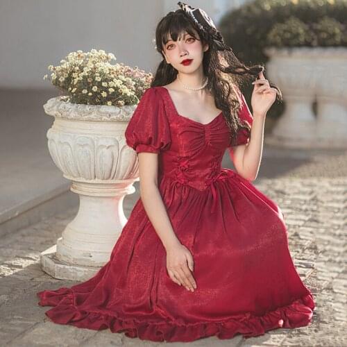 Red Satin Square Collar Puff Sleeve Big Bows & Lace Up High Waist A Line Ruffle Vintage Gothic Lolita Dress Women Sexy Dresses