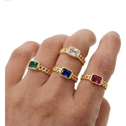 Birthstone single stone open ring Gold color square cz elegance fashion chic women finger stack rings
