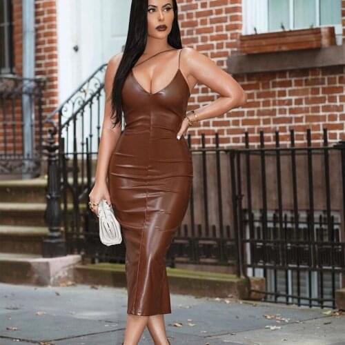 2021 New Summer Brown Leather Bag Hip Split Dress Women Sexy Spaghetti Straps V-Neck Backless Party Club Long Dresses