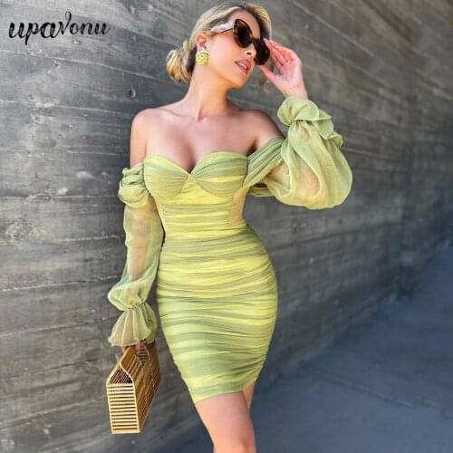 Free Shipping 2021 Sexy Ladies Dress Green Card Shoulder Lantern Sleeve Tulle Draped Dress Bodycon Celebrity Club Party Vestido
