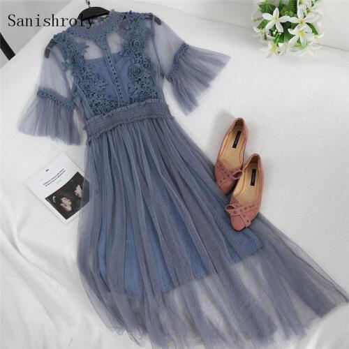 Sanishroly Two Pieces New Long Pleated Dresses Women Hollow Out Flower Lace Dress Female Short Sleeve Mesh Dress Vestidos SE802