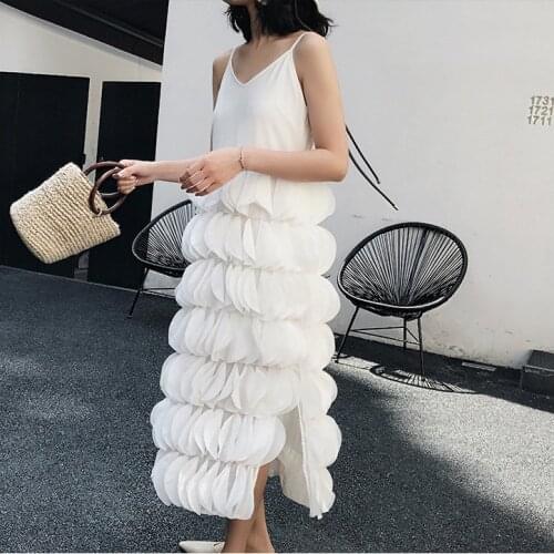 2019 Women Summer Sleeveless Solid White Midi Chiffon Dress Spaghetti Strap Layered Patches Stitched Party Sexy Club Dress