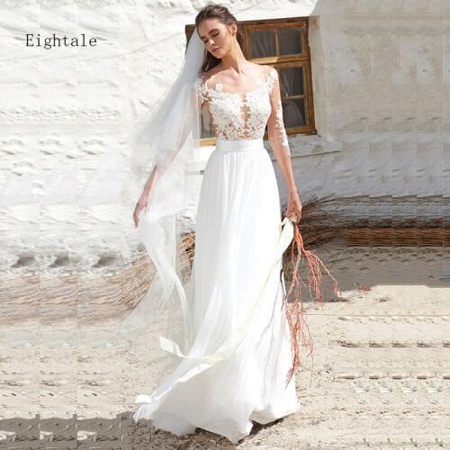 Eightale Boho Wedding dress 2019 Long Sleeve Appliques See Through Top Chiffon Skirt Button Back bridal Gown Beach Wedding Gown