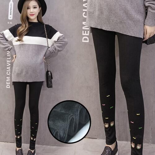 Pregnant Women Winter Warm Trousers With Black Thickening Velvet Striped Patchwork Embroidery Maternity Abdomen Pants Leggings